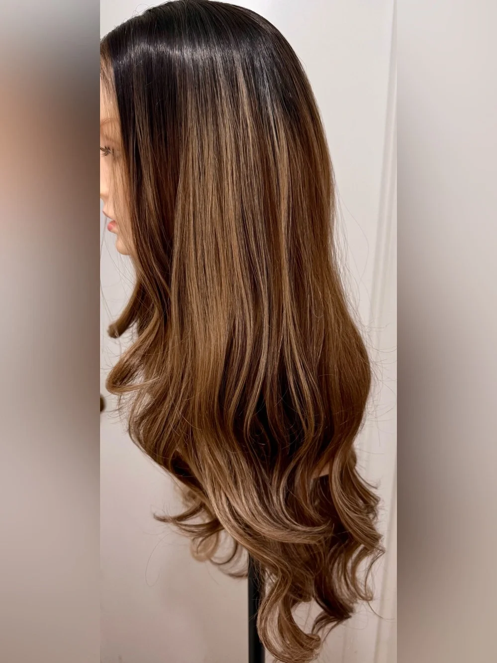HAIR, 30” Long Layers, Center Part Ombre Variegated Highlighted Brown Shades